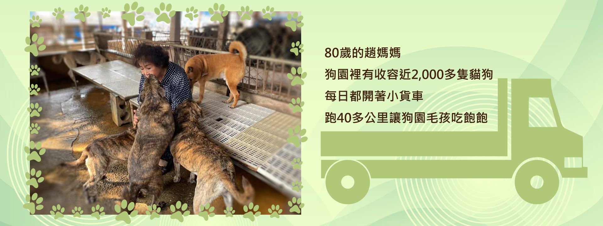 80歲的趙媽媽 狗園裡有收容近2,000多隻貓狗 每日都開著小貨車 跑40多公里讓狗園毛孩吃飽飽